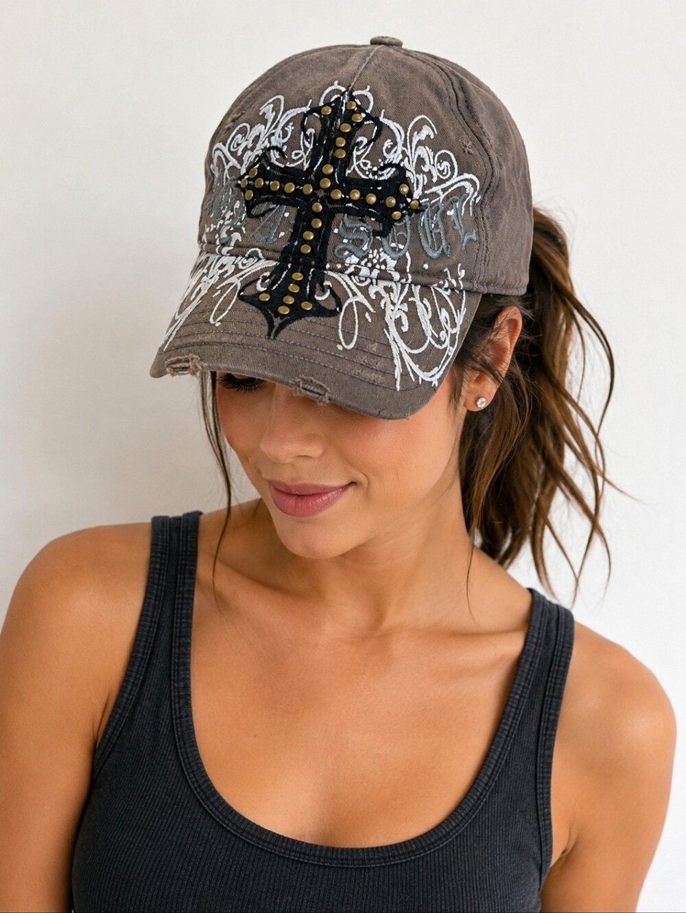 Vegas Royalty Distressed Cross Studded Baseball Cap | Unisex | One Size